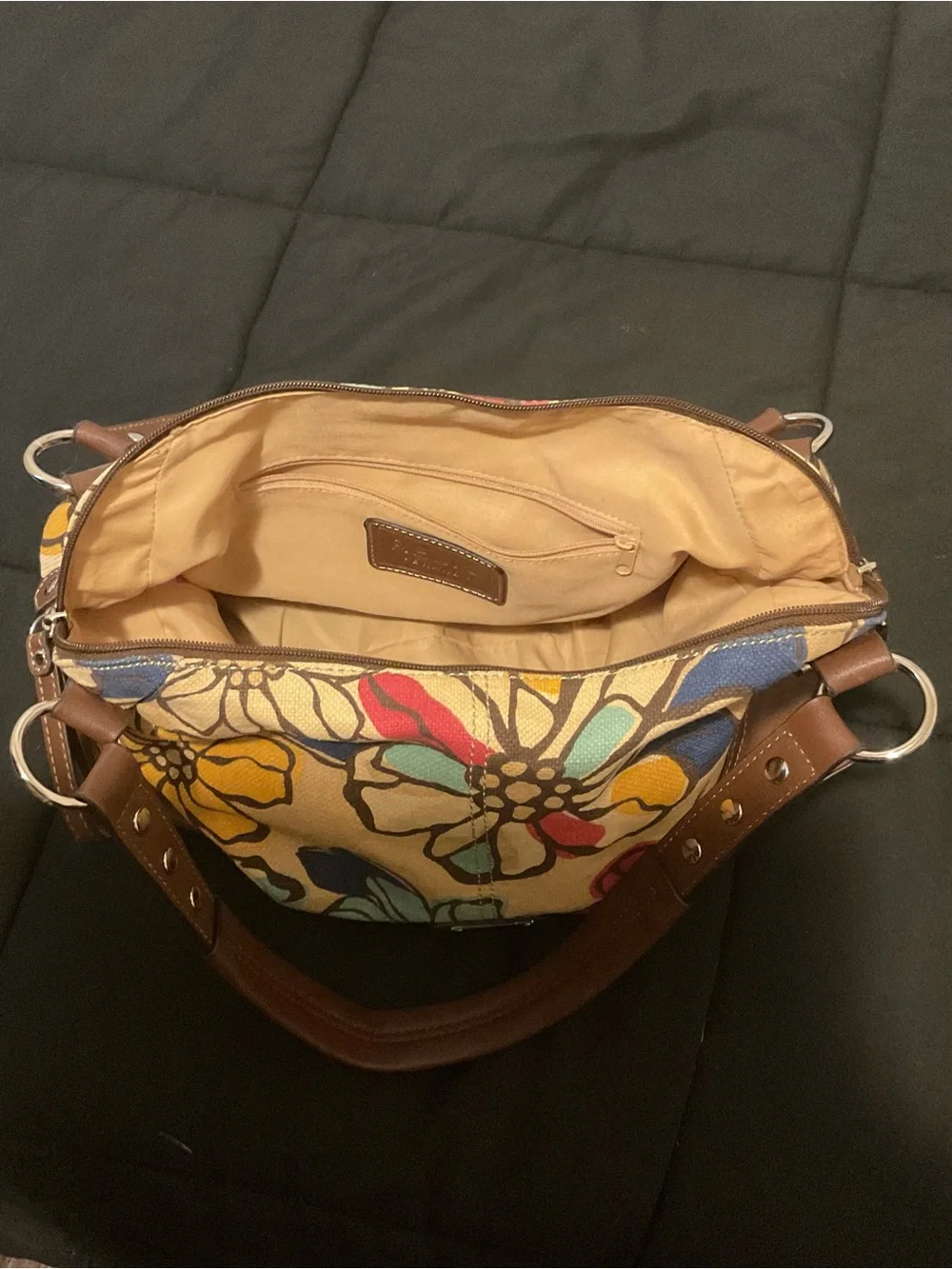 Relic Floral Canvas Shoulder Bag Brown Trim Large Hobo Purse Tote Handbag
